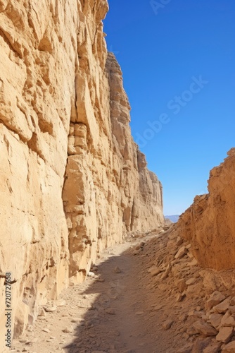 A dirt road winding between rocky cliffs in a desert landscape.