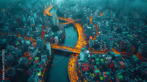 Photos of a city from a bird's eye view, where the streets are intertwined as invisible thre