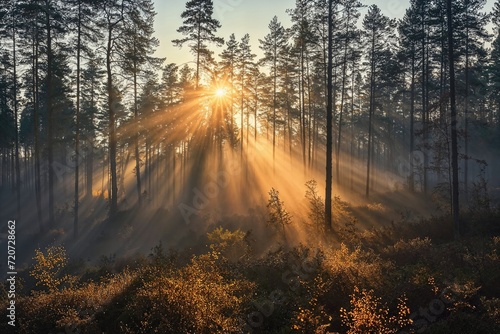 Dramatic Woodland Scene with shafts of light coming through the Trees. Beautiful Sunrise Nature Background.