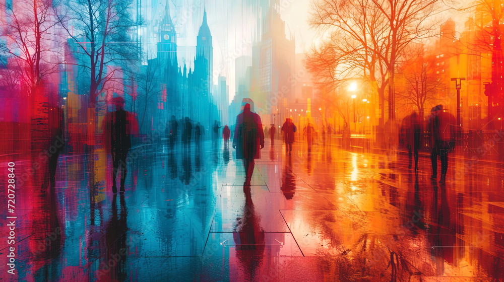 Naklejka premium The collage of urban life, where scenes from different areas are intertwined in one colorful pictur