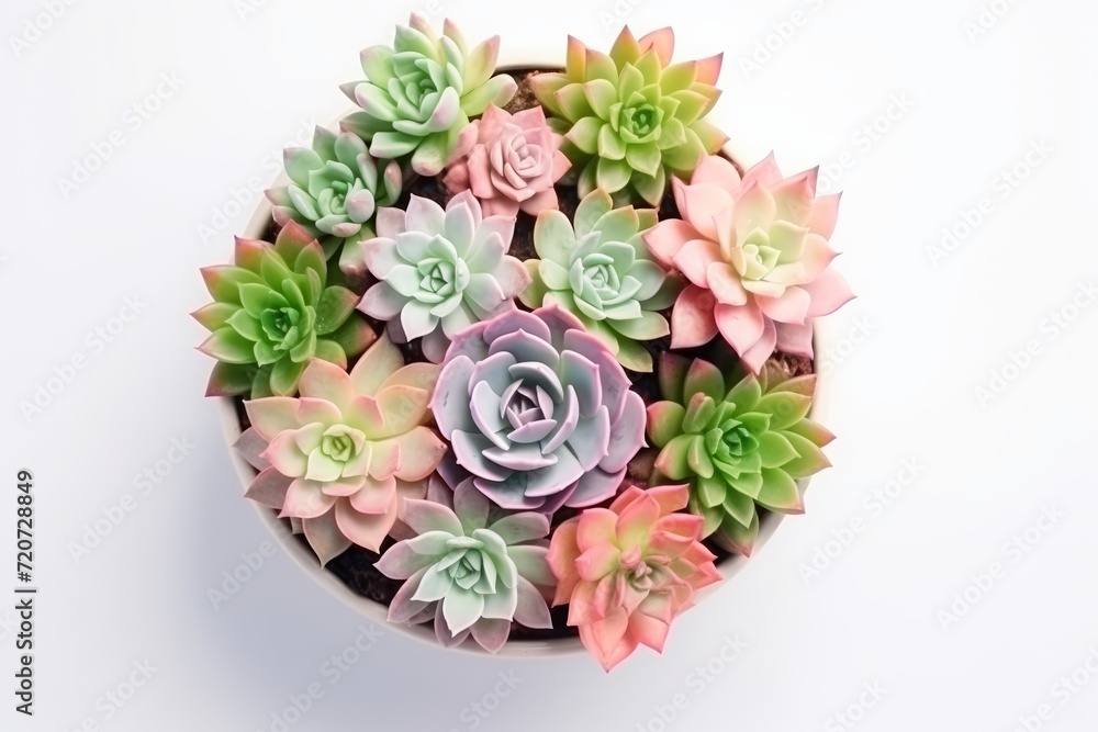 different succulents on a white background, copy space. Echeveria, the stone rose.