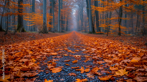 The landscape of a forest path covered with bright autumn le