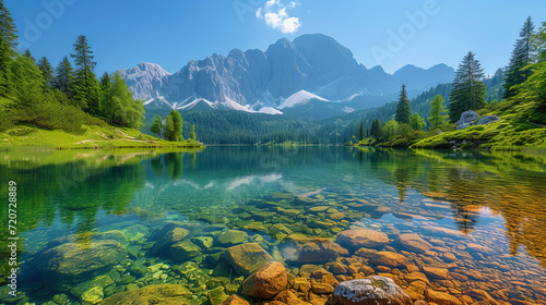 The landscape of a mountain lake with quiet water and a reflection of the surrounding nat