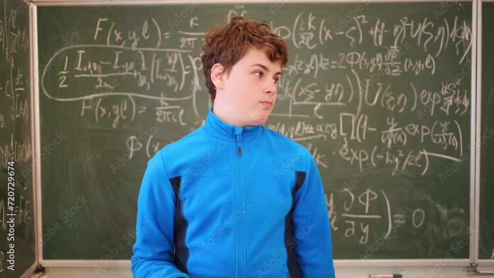 Boy standing with sponge in hand near blackboard and turning head.