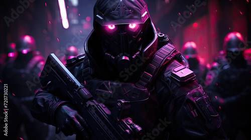 futuristic soldier in a dark city photo