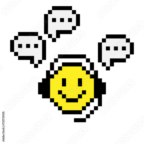 Pixelated smiling head in headphones answer questions. Emoji smile.