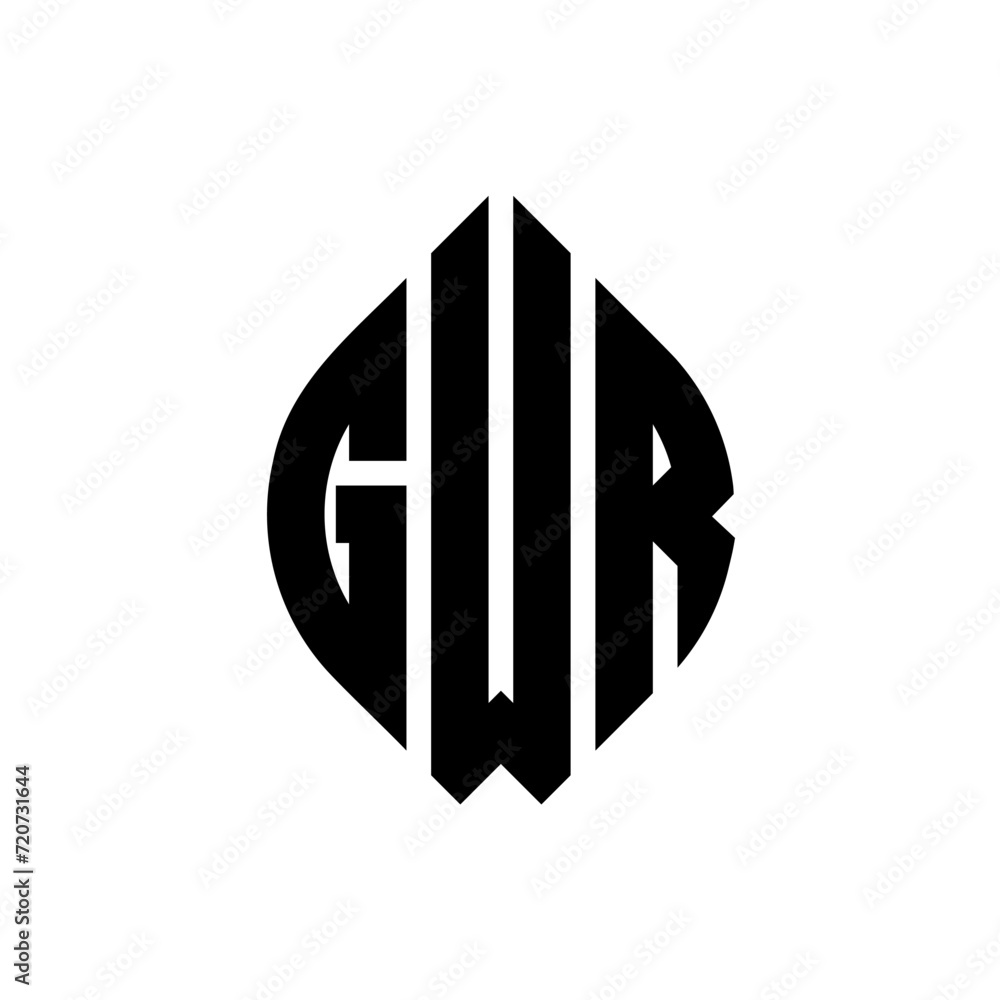 GWR circle letter logo design with circle and ellipse shape. GWR ellipse letters with typographic style. The three initials form a circle logo. GWR Circle Emblem Abstract Monogram Letter Mark Vector.