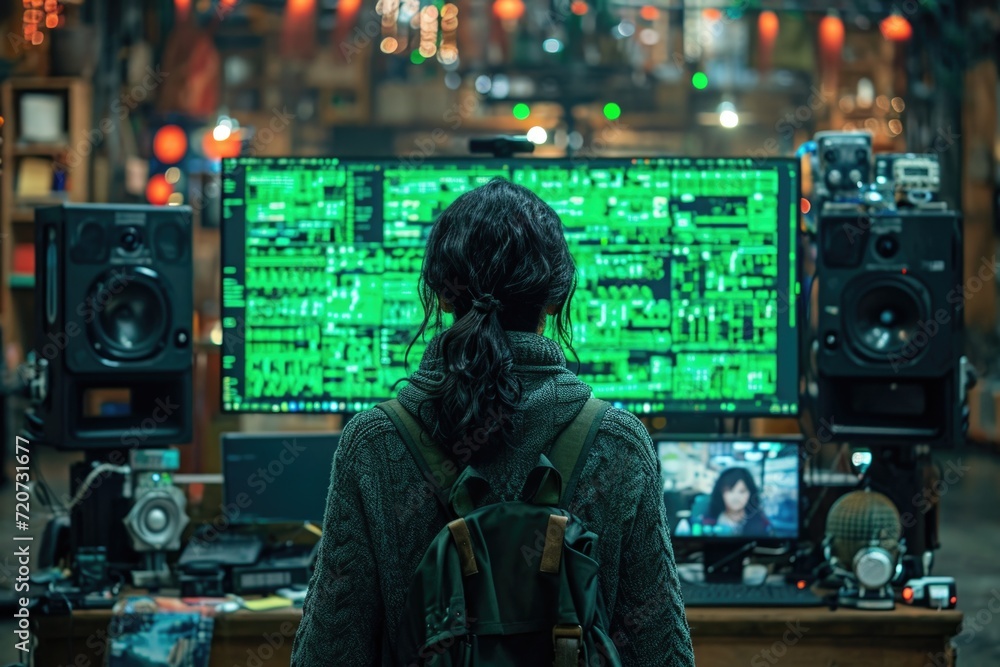 Girl in studio looking at big monitor: back view Girl in studio looking at big monitor: back view