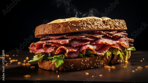 pastrami sandwich, background with space for text, food photography, cop< space, 16:9 photo