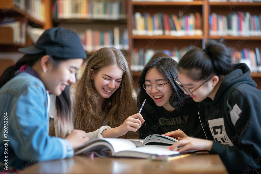 group of young students on study table together group of young students on study table together
