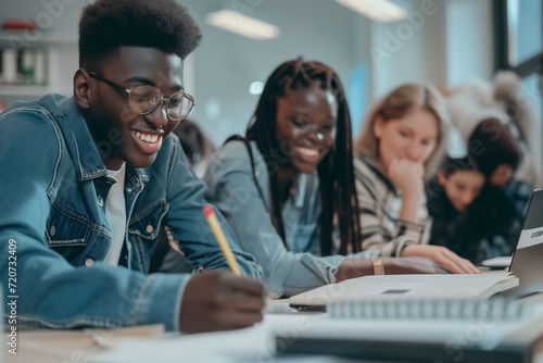 Joyful young professionals studying at office table. Positive collaborative work environment. Image showcases a vibrant scene of happiness and teamwork among young individuals in a shared workspace.