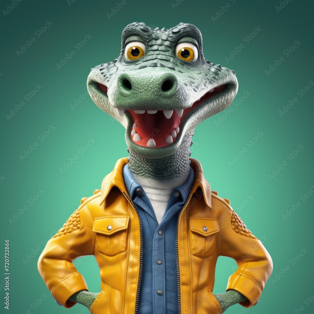 3D cartoon Crocodile portrait wearing clothes, standing in front 3D cartoon Crocodile portrait wearing clothes, standing in front