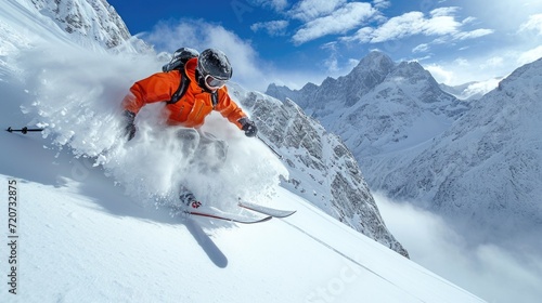 Extreme skiing down the snowy slope of the mountain