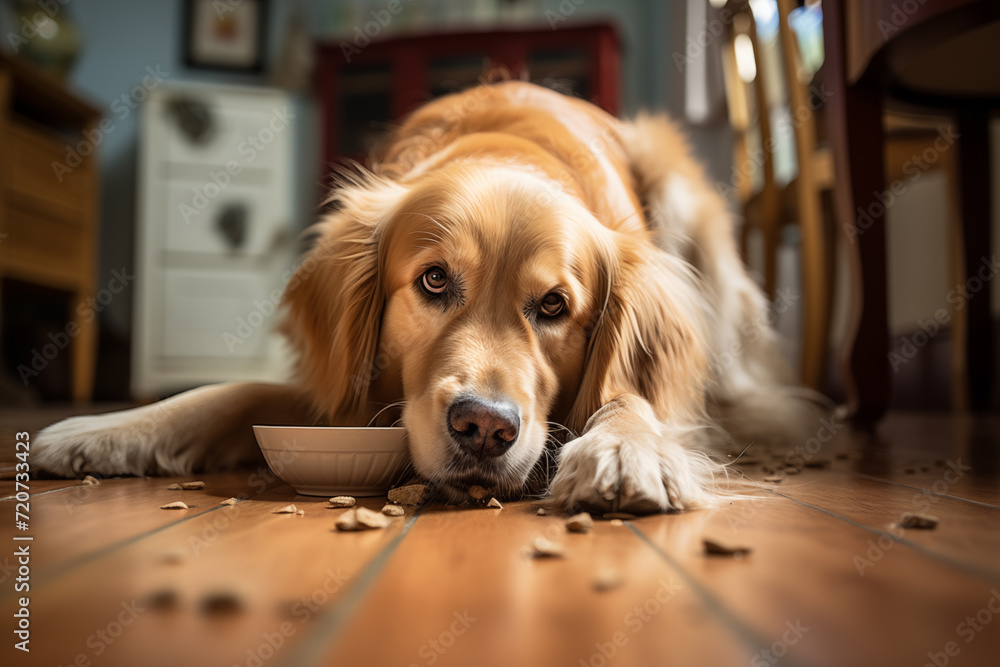 dog on a messy floor of dog food looking guilty at the camera