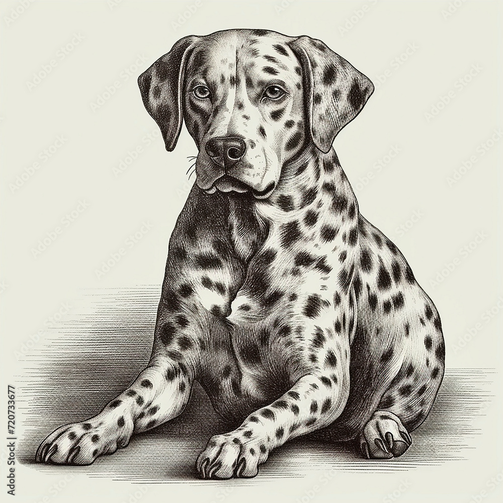 Dalmatian dog, engraving style, close-up portrait, black and white drawing, cute dog, hunting breed