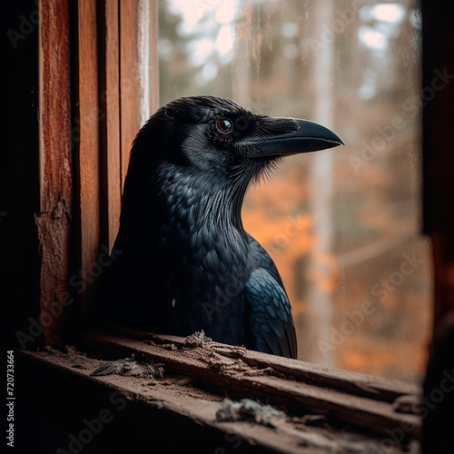 Black Raven looks into the window of a house, a photo of the head of a wild bird from the window, nature enters the house