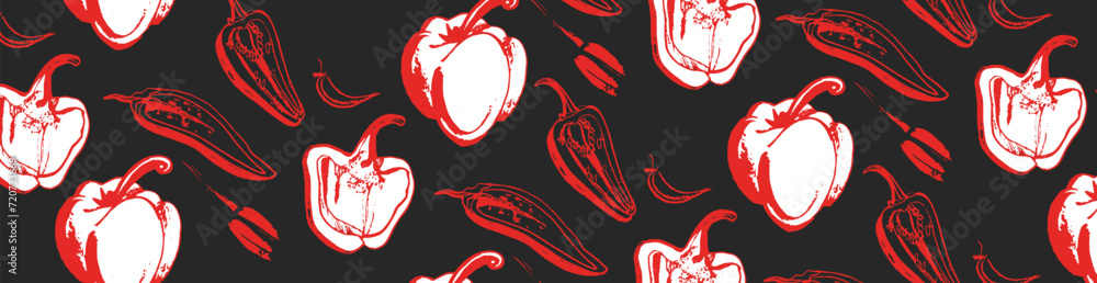 Vector isolated set of red Bulgarian sweet and bitter pepper. Red pepper. Hand drawing. Vegetable engraved style object, full, half and slices. Isolated bell pepper. Vector isolated set of red Bulgarian sweet and bitter pepper. Red pepper. Hand drawing. Vegetable engraved style object, full, half and slices. Isolated bell pepper.