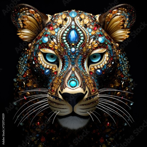 A cheetah face made of beautiful gemstones