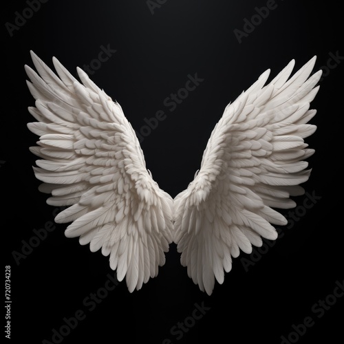 A close up of a white angel wings on a black background with only one wing visible in the foreground