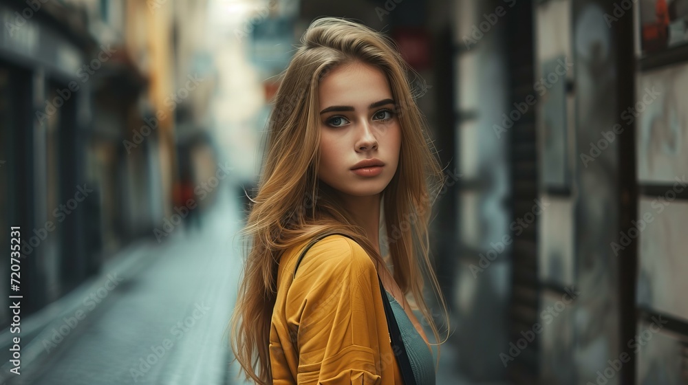 portrait of young female model on the street