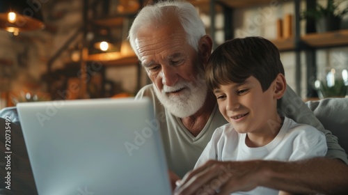 Old man, showing grandson his laptop, man, smiling boy, looking interested 