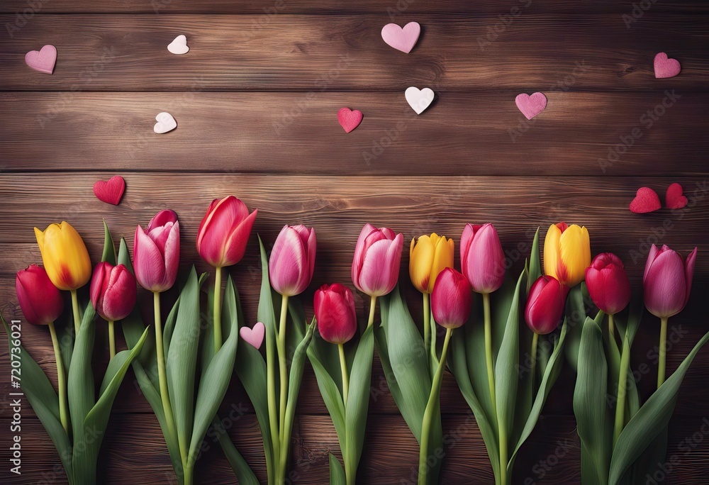 hearts frame wooden background Tulips