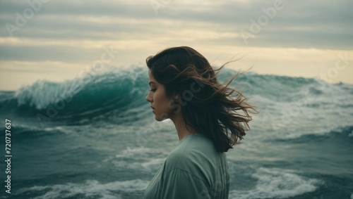 Woman looking in distance on a shore. The mind as a vast ocean, with thoughts and ideas swirling like waves. Meditation and thinking process concept. Copy space.