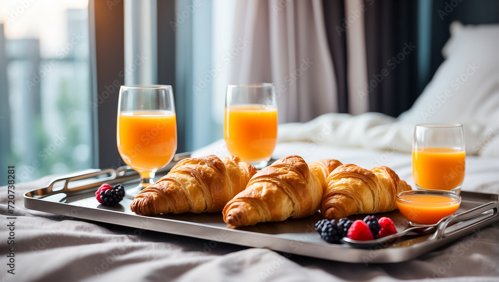 Glasses of orange juice, croissants on a tray on the bed Glasses of orange juice, croissants on a tray on the bed