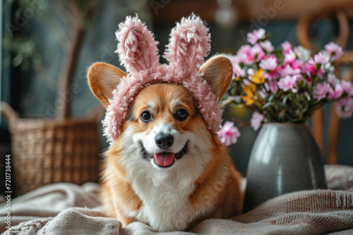 A corgi dog with Easter bunny ears is friendly and good-natured posing in a room with a bouquet of spring flowers