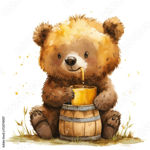 watercolor illustration of a cute bear with a barrel of honey isolated
