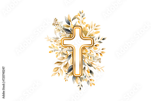 Botanical watercolor greenery and golden cross. Baptism Christening Invitation. Easter Cross. Holy Spirit. Religious. Baptism  Invitation