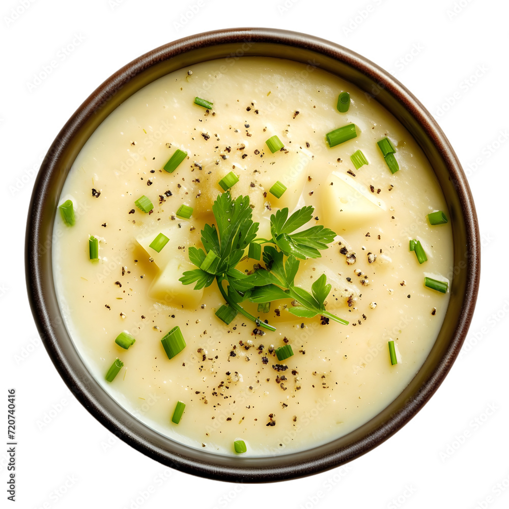Creamy Potato Leek Soup with Herbs On Transparent Background Creamy Potato Leek Soup with Herbs On Transparent Background