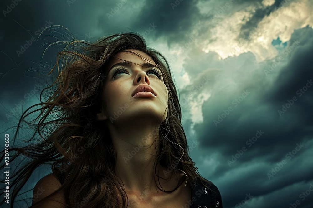 stunning beauty model looking at a dark cloudy sky stunning beauty model looking at a dark cloudy sky