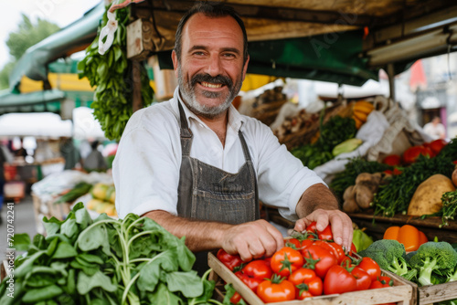 Cheerful Street Vendor Amidst Fresh Organic Bounty