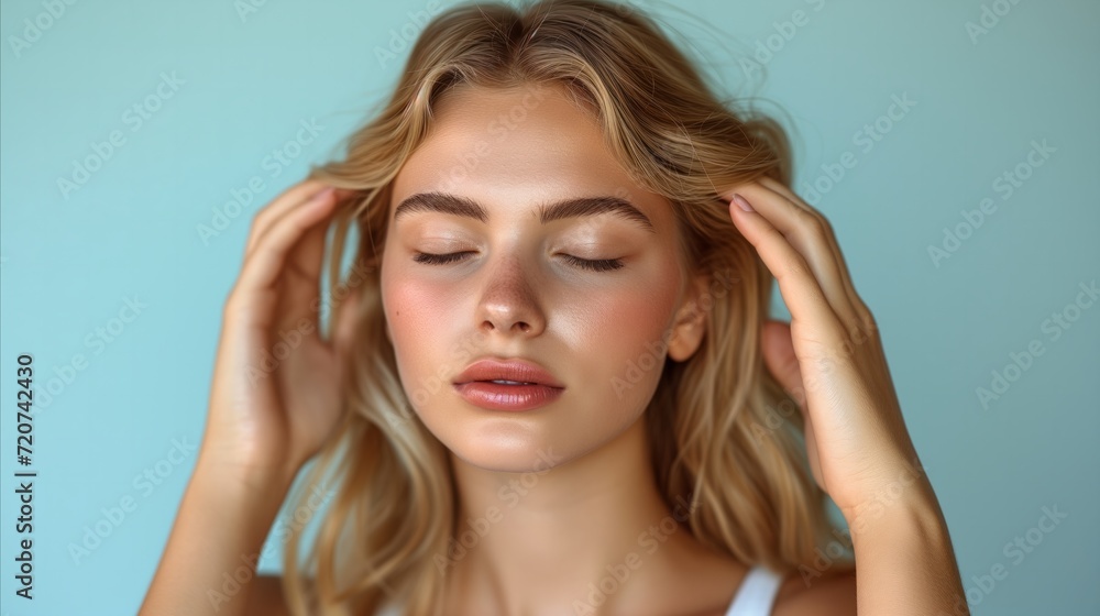 Serene young woman with closed eyes touching hair on blue background Serene young woman with closed eyes touching hair on blue background