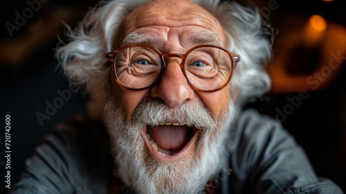 An old man with a white beard, mustache and round glasses laughing