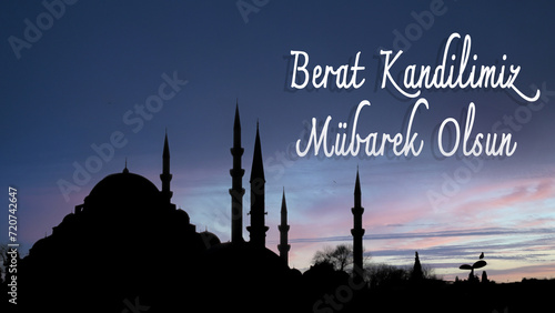 Berat Kandilimiz Mubarek Olsun or Happy Berat Kandil. Berat Kandili. Muslim holiday, feast. Islamic holy night concept imagene. photo