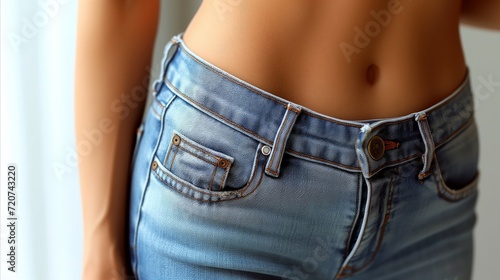 Close-up of slim midsection in denim jeans fashion details © OKAN