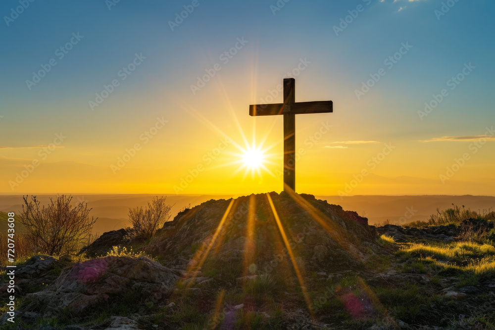 Serene Hill with Backlit Wooden Cross