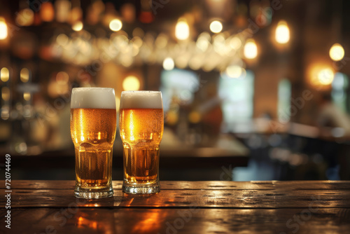 "Pub Atmosphere with Two Beer Glasses, Rustic Bar Setting with Two Pints of Beer