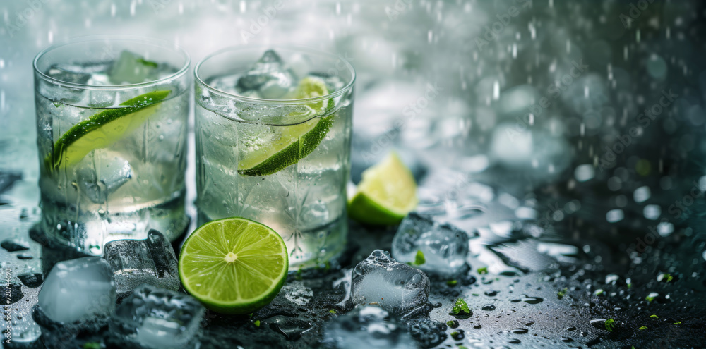 Tropical Refreshment, Two Glasses of Cocktail with Lime and Ice Tropical Refreshment, Two Glasses of Cocktail with Lime and Ice