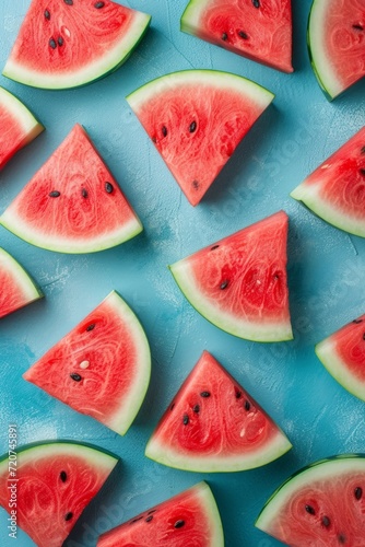 slices of watermelon on blue background. Refreshing summer fruit concept. Holidays in paradise. Generative AI