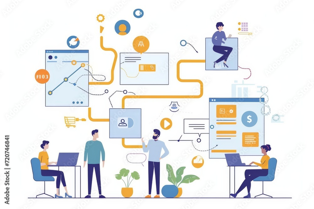In a world of connectivity, professionals navigate the digital landscape, their actions intertwined by colourful pathways of data and innovation In a world of connectivity, professionals navigate the digital landscape, their actions intertwined by colourful pathways of data and innovation