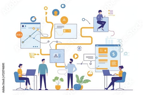 In a world of connectivity, professionals navigate the digital landscape, their actions intertwined by colourful pathways of data and innovation