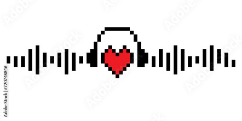 Pixel heart with headphones and music waves. Retro emoji heart icon.