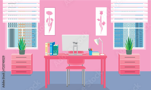 pink desk in office room