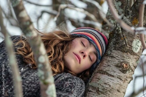 beautiful woman sleeping leaning against the trunk of a tree © Jorge Ferreiro