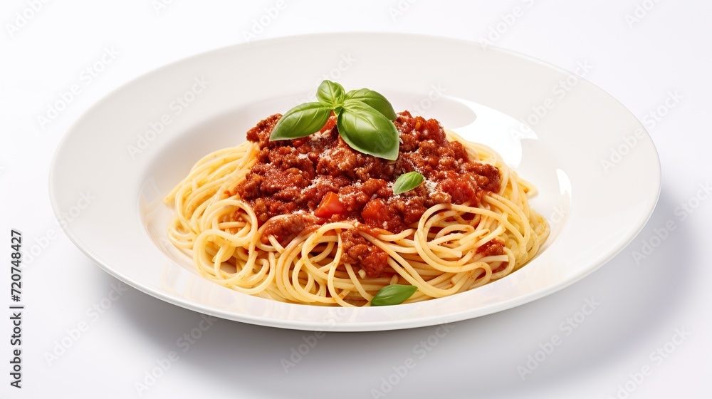 Spaghetti on plate, on a white background. Generative AI