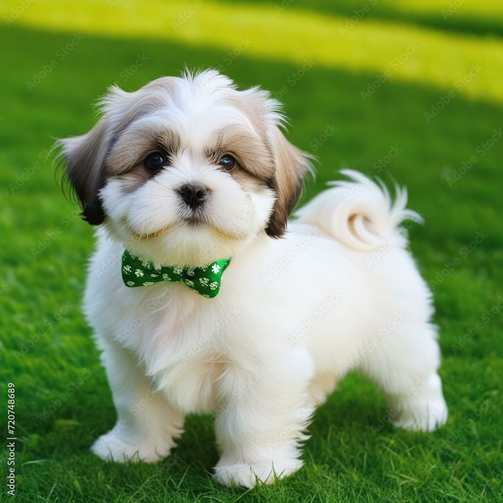 Outdoor Portrait of Shih Tzu Puppy with Green Bow Outdoor Portrait of Shih Tzu Puppy with Green Bow