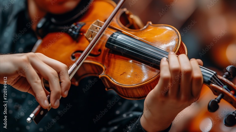 Close-up of violinist playing classic violin instrument in orchestra Close-up of violinist playing classic violin instrument in orchestra